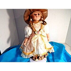 Beautiful Blonde Collectable Porcelain Doll with Peach Lace Dress.